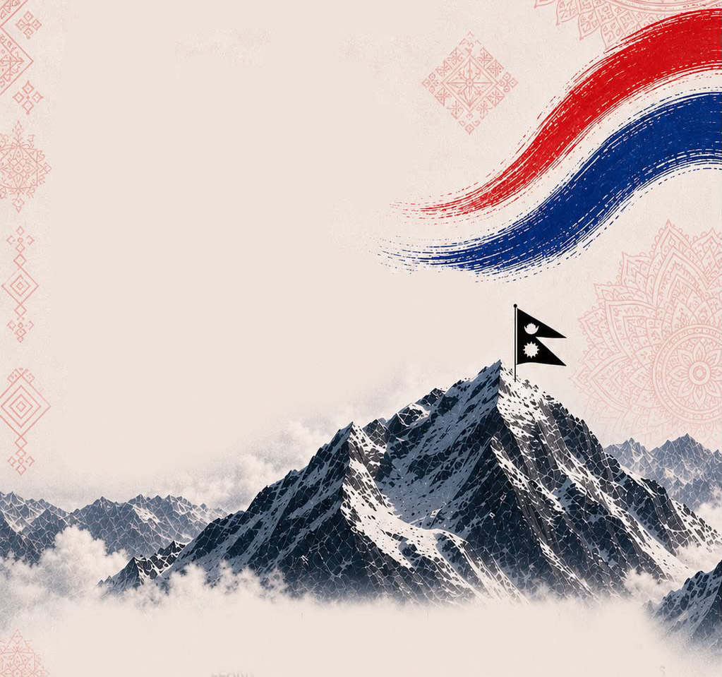 A Himalayan peak flying the flag of Nepal, with a red and blue brushstroke sweeping across the sky